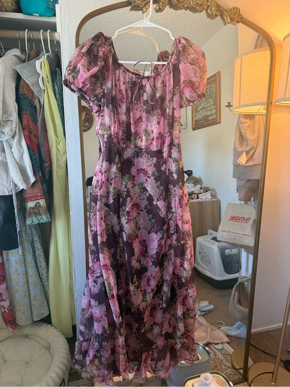 For Love & Lemons Pink and Purple Floral Midi Dress